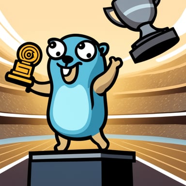 A go blue gopher feeling triumphant, raising a trophy high after a big win.