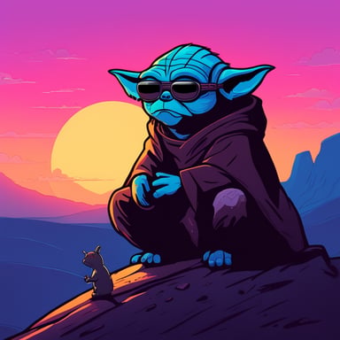 Cyberpunk Yoda as Go Blue Gopher on the top of a hill watching the sunset with a melancholic tone.