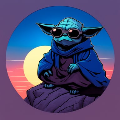 Cyberpunk Yoda as Go Blue Gopher on the top of a hill watching the sunset with a melancholic tone.