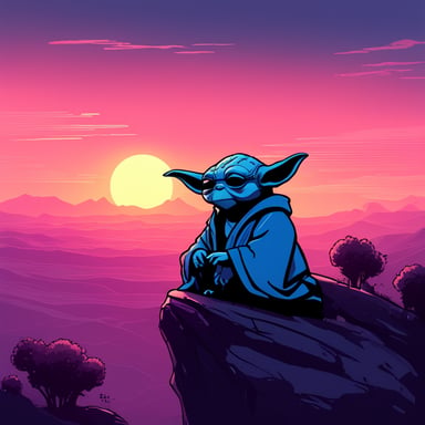 Cyberpunk Yoda as Go Blue Gopher on the top of a hill watching the sunset with a melancholic tone.