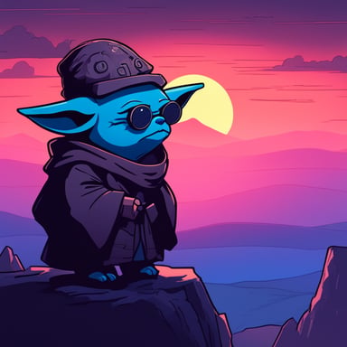 Cyberpunk Yoda as Go Blue Gopher on the top of a hill watching the sunset with a melancholic tone.