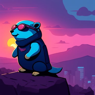 Cyberpunk Go Blue Gopher stands atop a hill, watching the sunset, wrapped in a melancholic tone.