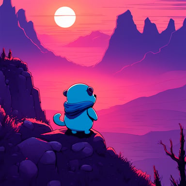 Cyberpunk Go Blue Gopher stands atop a hill, watching the sunset, wrapped in a melancholic tone.