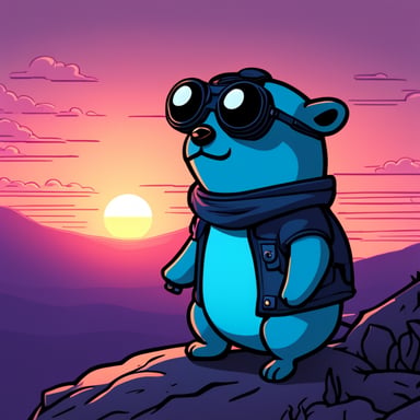 Cyberpunk Go Blue Gopher stands atop a hill, watching the sunset, wrapped in a melancholic tone.