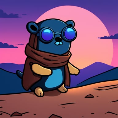 Cyberpunk Go Blue Gopher stands atop a hill, watching the sunset, wrapped in a melancholic tone.