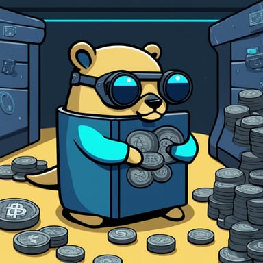 Cyberpunk Go Blue Gopher guarding a vault full of crypto money.