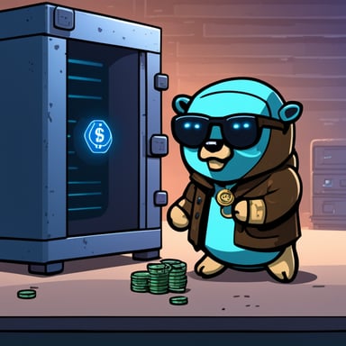 Cyberpunk Go Blue Gopher guarding a vault full of crypto money.