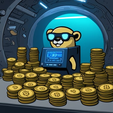 Cyberpunk Go Blue Gopher guarding a vault full of crypto money.