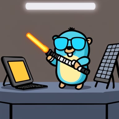 Go Blue Gopher holding a keyboard and a light saber.