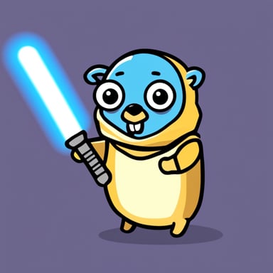 Go Blue Gopher holding a keyboard and a light saber.