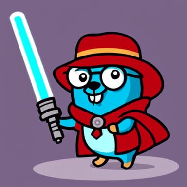Go Blue Gopher holding a keyboard and a light saber.