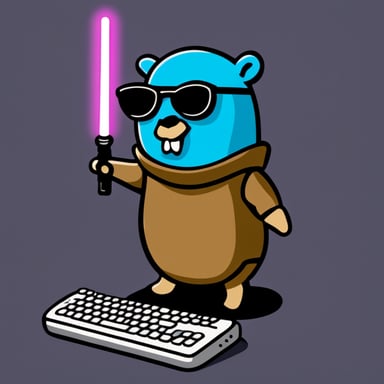 Go Blue Gopher holding a keyboard and a light saber.