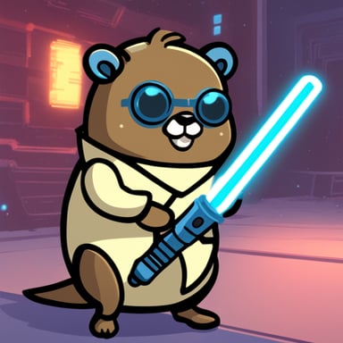 Cyberpunk Go Blue Gopher programming with a light saber.