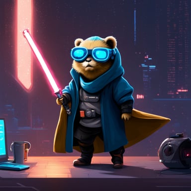 Cyberpunk Go Blue Gopher programming with a light saber.