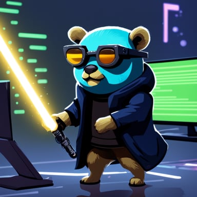 Cyberpunk Go Blue Gopher programming with a light saber.