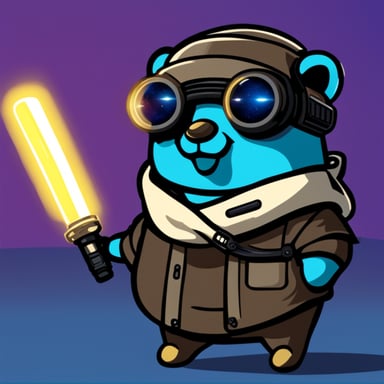 Cyberpunk Go Blue Gopher programming with a light saber.