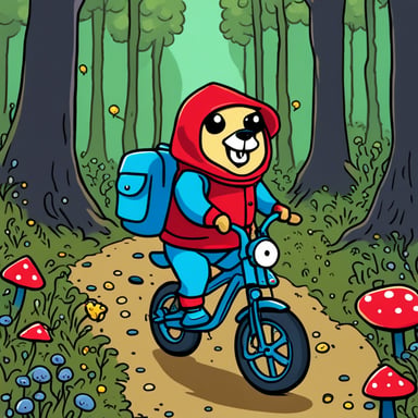 Go Blue Gopher, wearing a red hood, rides in a forest, picking up flowers and mushrooms.
