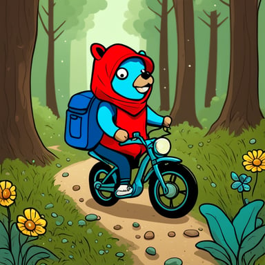 Go Blue Gopher, wearing a red hood, rides in a forest, picking up flowers and mushrooms.