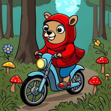Go Blue Gopher, wearing a red hood, rides in a forest, picking up flowers and mushrooms.