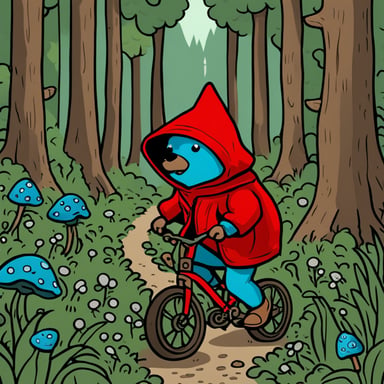 Go Blue Gopher, wearing a red hood, rides in a forest, picking up flowers and mushrooms.