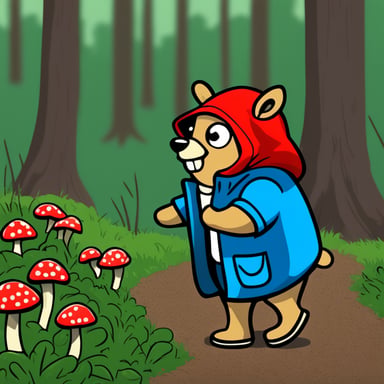 Go Blue Gopher, wearing a red hood, in a forest, picking up flowers and mushrooms.