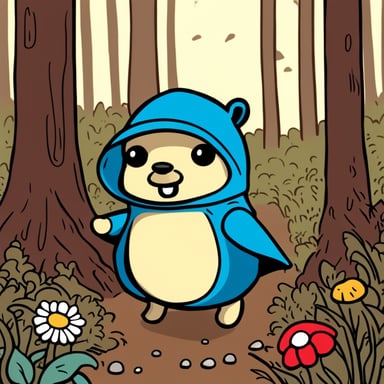 Go Blue Gopher, wearing a red hood, in a forest, picking up flowers and mushrooms.