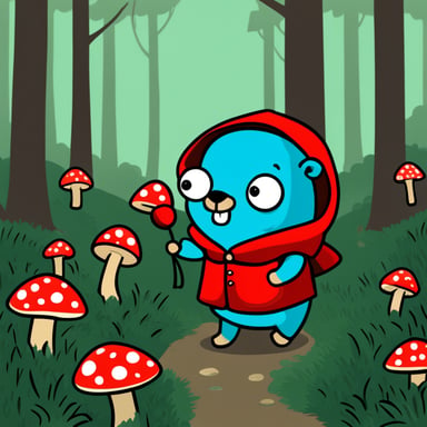 Go Blue Gopher, wearing a red hood, in a forest, picking up flowers and mushrooms.