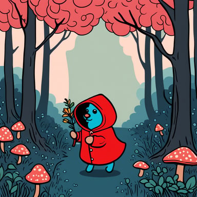 Go Blue Gopher, wearing a red hood, in a forest, picking up flowers and mushrooms.