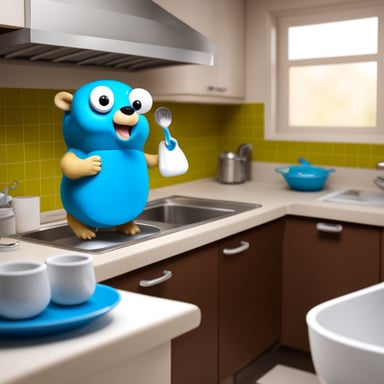 Go Blue Gopher doing dishes in a hyperrealistic style.