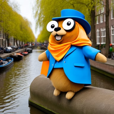 Go Blue Gopher wearing orange during King's Day in the Netherlands and partying with other gophers on Amsterdam canals.