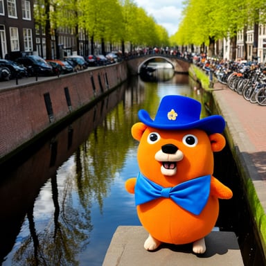 Go Blue Gopher wearing orange during King's Day in the Netherlands and partying with other gophers on Amsterdam canals.