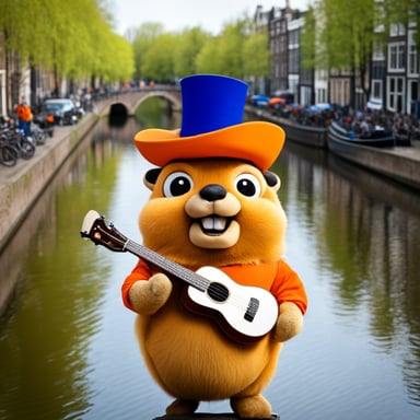 Go Blue Gopher wearing orange during King's Day in the Netherlands and partying with other gophers on Amsterdam canals.