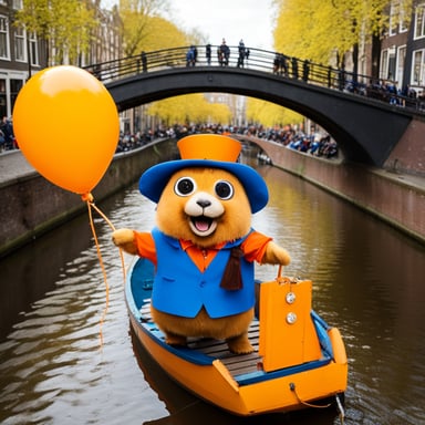 Go Blue Gopher wearing orange during King's Day in the Netherlands and partying with other gophers on Amsterdam canals.