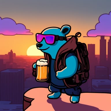 Cyberpunk Go Blue Gopher watches a sunset while holding a beer.