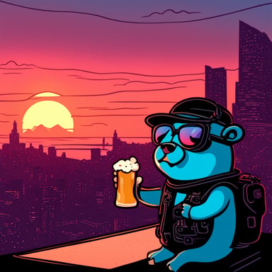 Cyberpunk Go Blue Gopher watches a sunset while holding a beer.