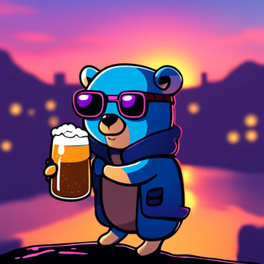 Cyberpunk Go Blue Gopher watches a sunset while holding a beer.
