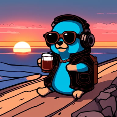 Cyberpunk Go Blue Gopher watches a sunset while holding a beer.