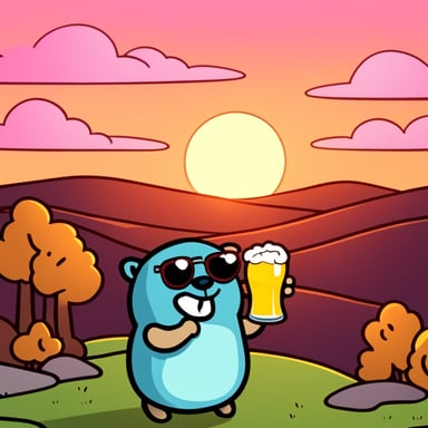 Go Blue Gopher watches a sunset on top of the hill while holding a beer.