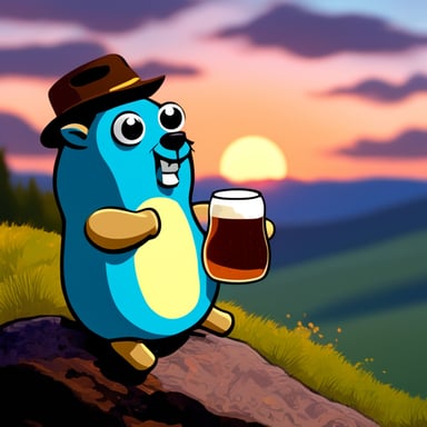 Go Blue Gopher watches a sunset on top of the hill while holding a beer.