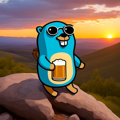 Go Blue Gopher watches a sunset on top of the hill while holding a beer.