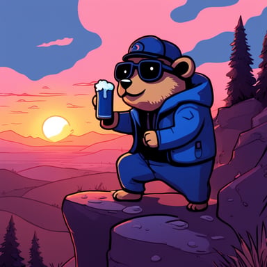 Cyberpunk Go Blue Gopher on top of a hill watches a sunset while holding a beer.