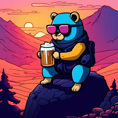 Cyberpunk Go Blue Gopher on top of a hill watches a sunset while holding a beer.