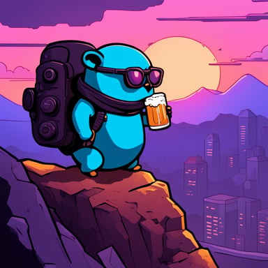 Cyberpunk Go Blue Gopher on top of a hill watches a sunset while holding a beer.