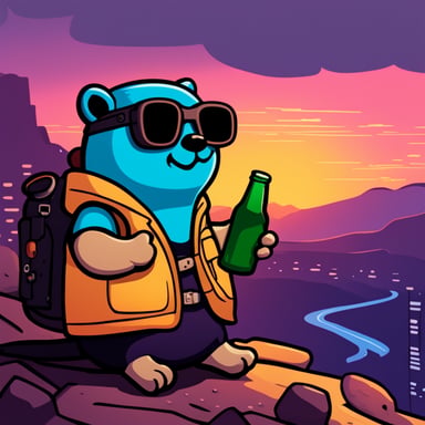 Cyberpunk Go Blue Gopher on top of a hill watches a sunset while holding a beer.
