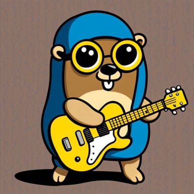 Go Blue Gopher rocks on an electric guitar.
