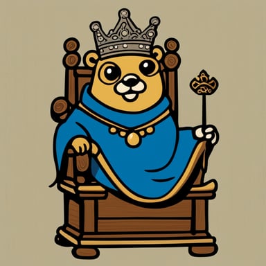 A go blue gopher wearing a king's crown and robe, sitting on a throne with a comical look of importance.