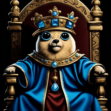 A go blue gopher wearing a king's crown and robe, sitting on a throne with a comical look of importance.