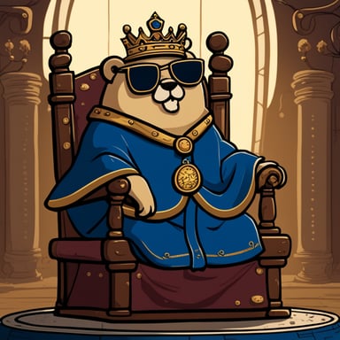 A go blue gopher wearing a king's crown and robe, sitting on a throne with a comical look of importance.