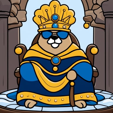 A go blue gopher wearing a king's crown and robe, sitting on a throne with a comical look of importance.