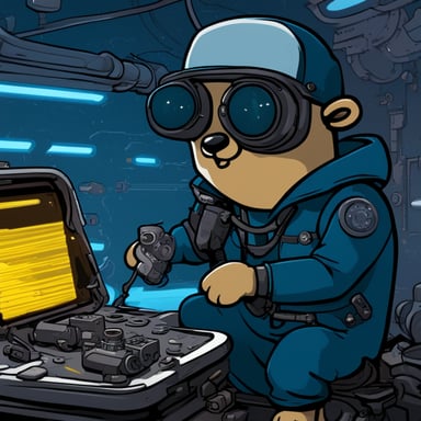Cyberpunk go blue gopher is comically trying to fix an engine.